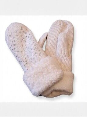 SIMI Chunky Knit Mittens Ivory Faux Fur Sherpa Rhinestone Embellished Winter